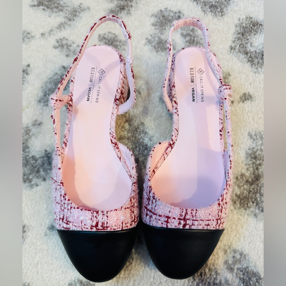 Pink Tweed Slingback Flats with Black Cap Toe